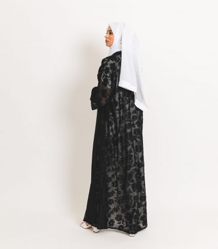 Black Floral Lace Open Abaya 2