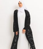 Black Floral Lace Open Abaya 4