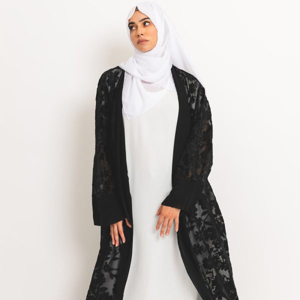 Black Floral Lace Open Abaya