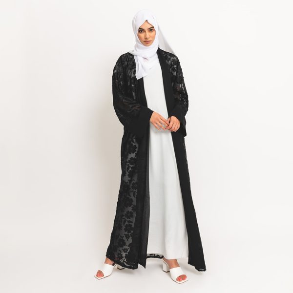 Black Floral Lace Open Abaya