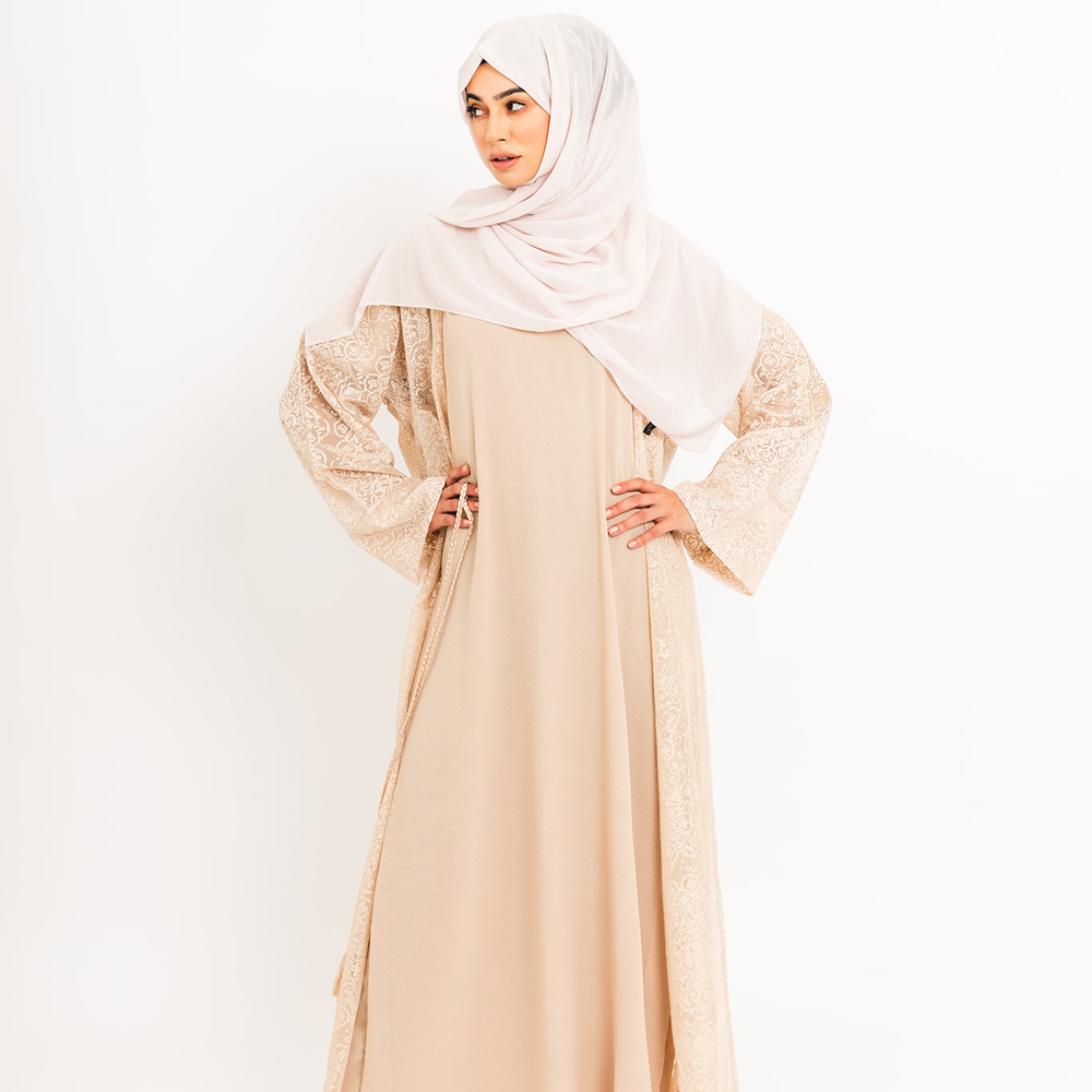 Cream Lace Open Abaya